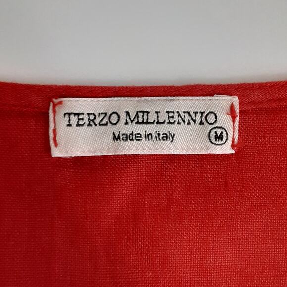 Terzo Millennio Puff Sleeve Shift Dress 100% Linen Cherry Red Womens M Resort - Picture 5 of 10